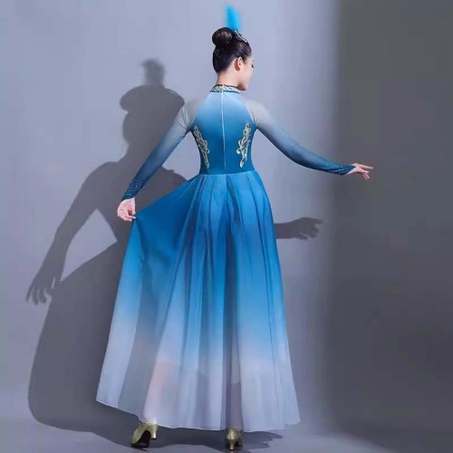 Blue gradient Mongolia dance Dresses for Women girls Chinese folk minority Mongolia dance costume  Mongolia dance robe  with headdress